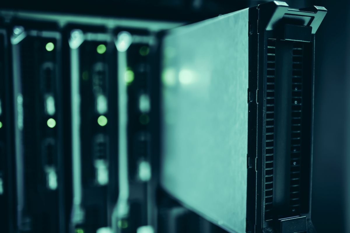 Close-up of enterprise blade server hardware with status indicator lights